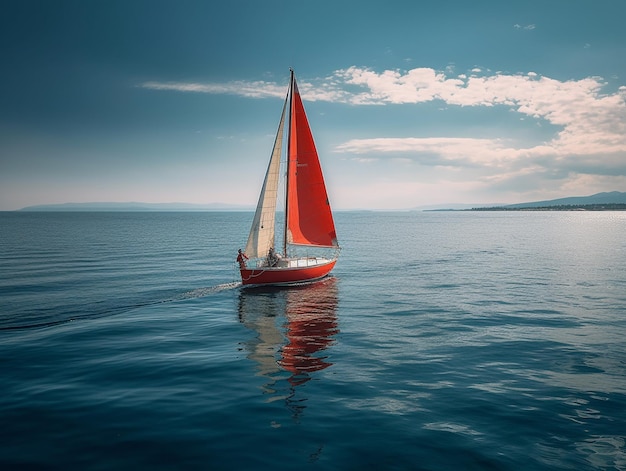 Żaglówka z czerwonym żaglem płynie po oceanie.