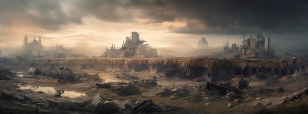 Zagubiona cywilizacja przyszłość dystopijny krajobraz 3d ilustracja generuje ai