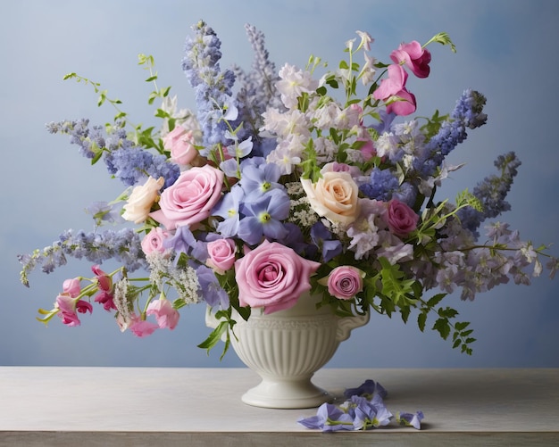 Zainspirowana ogrodem aranżacja pełna pachnących lawendy, różowych róż i delikatnego niebieskiego