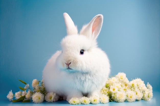 Zajączek Cute baby z kwiatami na niebieskim tle Cute puszysty królik Koncepcja symbolu Wielkanocy zwierząt Generative AI