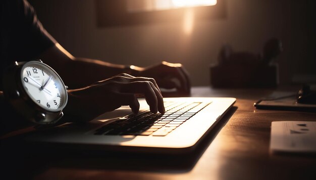 Zajęty biznesmen piszący na laptopie przy biurku w ciemnym biurze generowanym przez sztuczną inteligencję