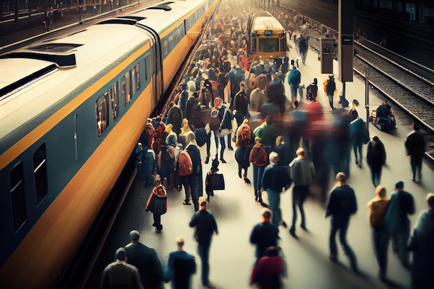Zajęty dworzec kolejowy z podróżnymi i osobami dojeżdżającymi do pracy pędzącymi do następnego miejsca docelowego stworzony za pomocą generatywnej sztucznej inteligencji