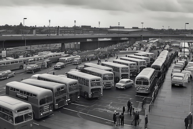 Zdjęcie zajezdnia autobusowa w godzinach szczytu z liniami autobusów i pasażerami czekającymi na wejście na pokład
