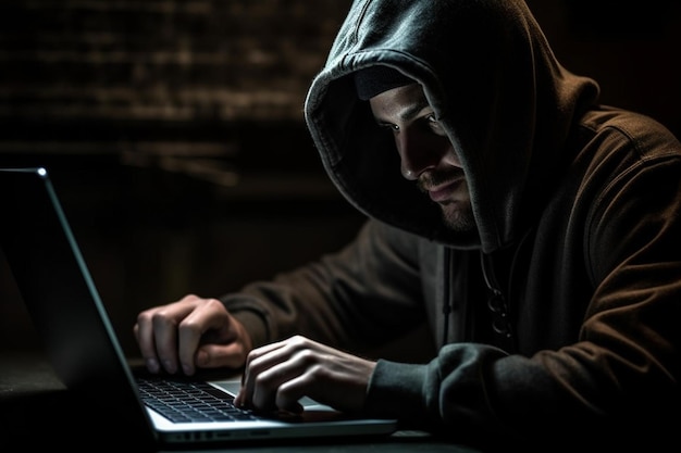Zakapturzony haker kradnący dane z laptopa w nocy w ciemnym pokoju