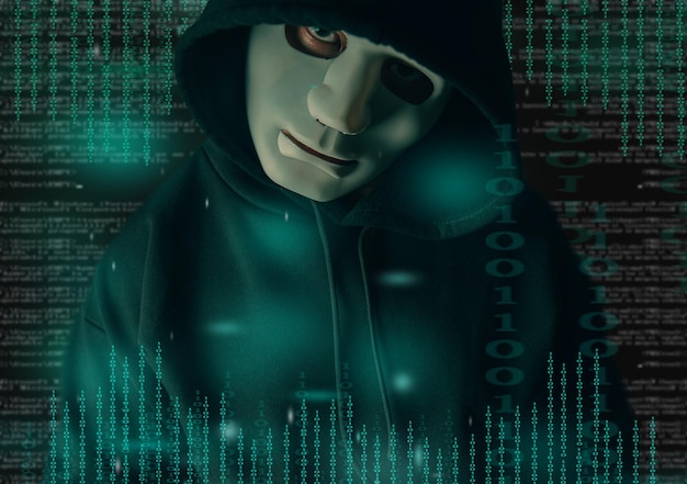Zakapturzony haker ma postać kodu binarnego Koncepcja hakowania i złośliwego oprogramowania