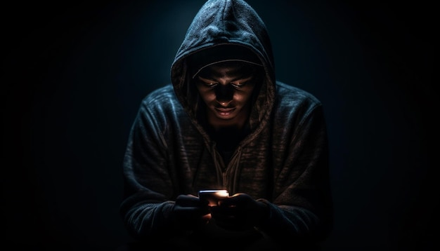 Zakapturzony mężczyzna wysyła SMS-a w ciemnej uliczce wygenerowanej przez sztuczną inteligencję