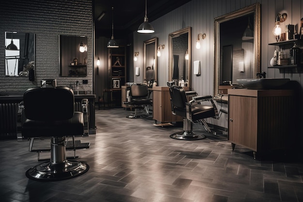zakład fryzjerski wnętrze salonu fryzjerskiego do strzyżenia miejsce pracy fryzjera Generacyjna sztuczna inteligencja
