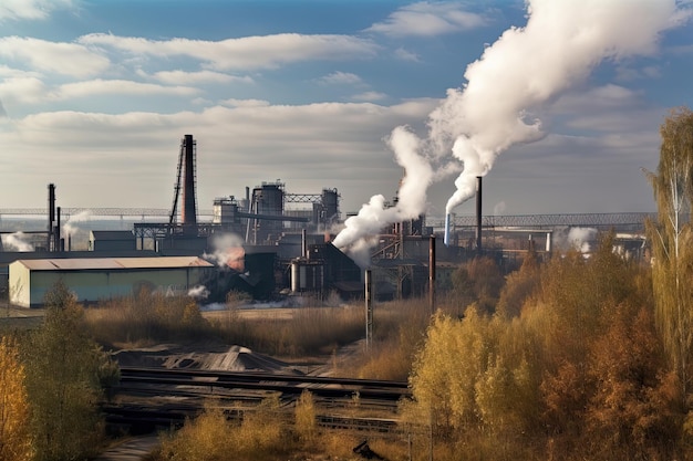 Zdjęcie zakład metalurgiczny z widokiem na potężny wielki piec i dymiące kominy