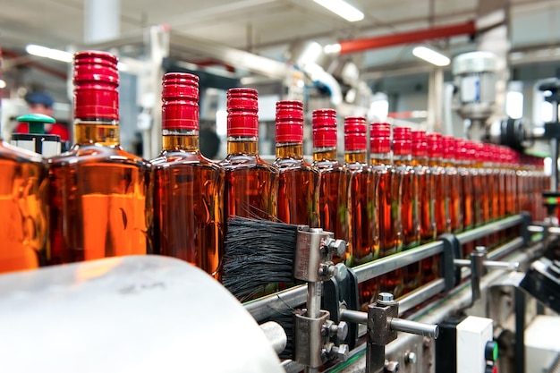 Zakład produkcji alkoholu Butelki alkoholu stoją w rzędzie