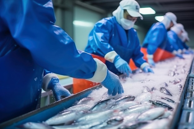 Zakład przetwórstwa rybnego Linia produkcyjna Ludzie sortują ryby przemieszczając się wzdłuż przenośnika Sortowanie i przygotowanie ryb Produkcja konserw rybnych nowoczesny przemysł spożywczy