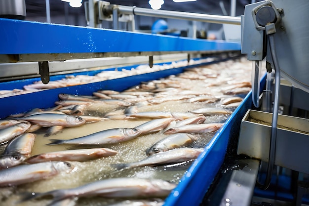 Zakład przetwórstwa rybnego Linia produkcyjna Surowe ryby morskie na przenośniku fabrycznym Produkcja konserw rybnych nowoczesny przemysł spożywczy