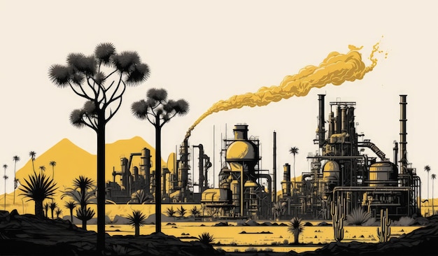 Zakład rafinerii gazu i ropy naftowej w kraju arabskim vintage AI generatywna ilustracja Wydobycie i przetwarzanie ropy naftowych w rejonie pustyni Szkody dla przyrody