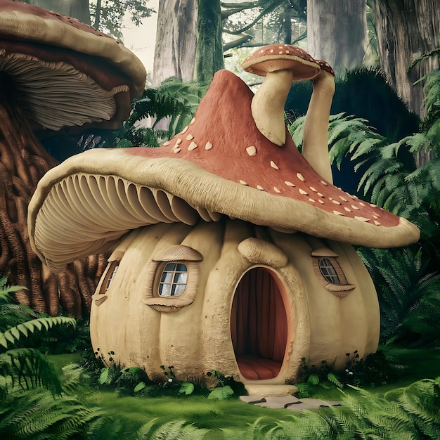 Zaklęty domek z grzybami w fantazyjnym lesie