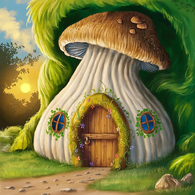 Zaklęty domek z grzybami w fantazyjnym lesie