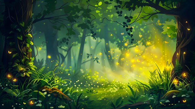 Zdjęcie zaklęty las fantazji z świecącymi świetlikami
