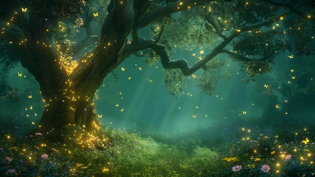 Zaklęty las z magicznymi świetlikami tańczącymi wokół mistycznego drzewa bajka