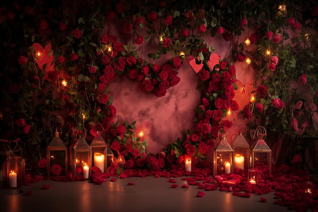 Zaklęty łuk różowy z światłami serca i świecami