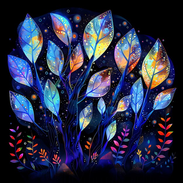 Zaklęty podwodny las z świecącymi drzewami i z świecącą teksturą Y2K Collage Art Decor