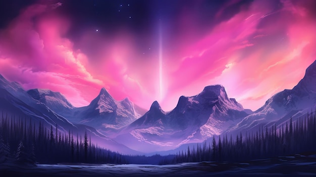 Zakłócone góry z Aurora Borealis Fundacja Fuchsia Sky z copyspace Zasoby kreatywne AI Generated