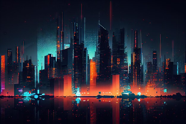 Zakłócony obraz panoramy miasta nocą z jasnymi światłami i efektami cyfrowymi