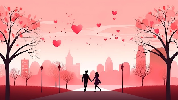Zakochana para chodzi w parku na różowym tle z sercami Walentynki