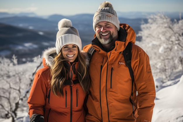 Zakochana para cieszy się zimowym pięknem w uroczym ośrodku narciarskim.