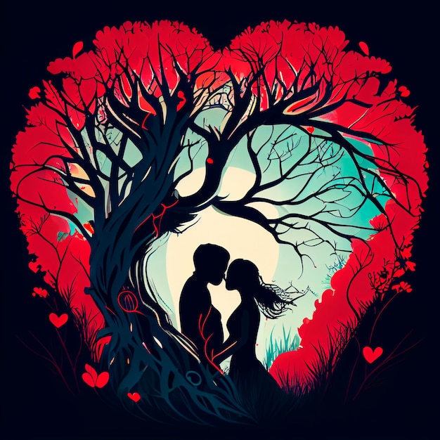 Zakochana para pod drzewem z gałęziami w kształcie serca AI generatywne