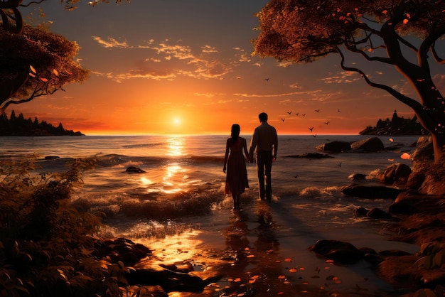 Zakochana para spaceruje wzdłuż brzegu morza lub oceanu przy zachodzie słońca trzymając się za ręce.