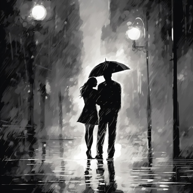 Zakochana para w parku w deszczu czarno-biały akwarel
