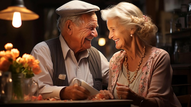 Zakochana starsza para, mężczyzna i kobieta siedzą przy stole i patrzą na siebie.
