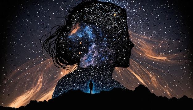 Zdjęcie zakochana sylwetka mężczyzny marzy o wizerunku sylwetki kobiety na nocnym niebie