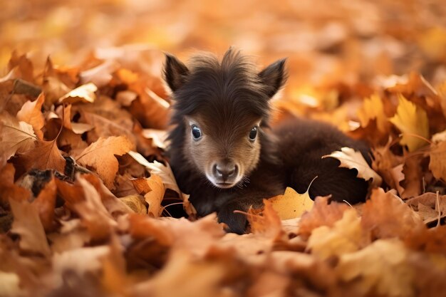 Zakochanie się w jesieni Uroczy mały kucyk w stosie liści