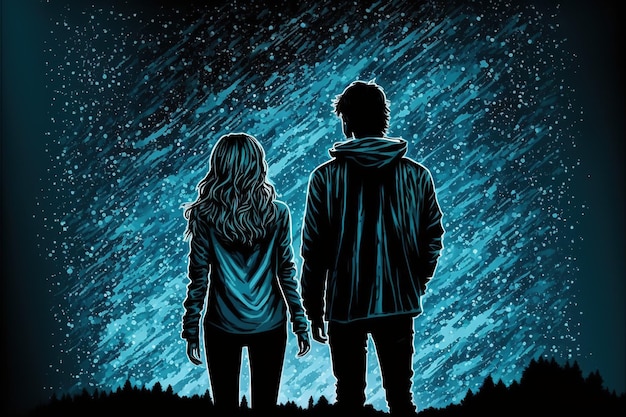 Zdjęcie zakochany mężczyzna i kobieta na tle nocnego nieba młoda para chłopiec i dziewczyna patrzą na tajemnicze światło na nocnym niebie malarstwo cyfrowe w stylu sztuki