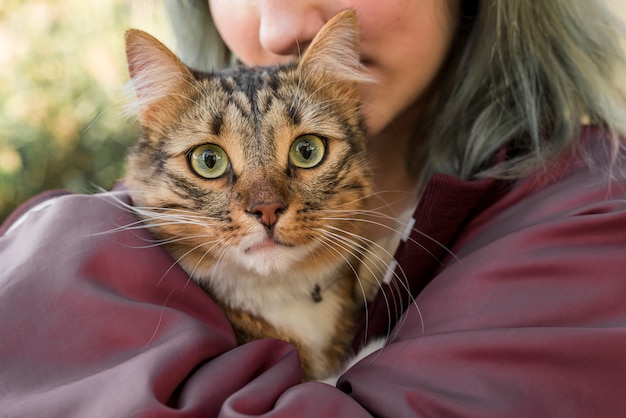 Zakończenie kobieta ściska jej tabby kota