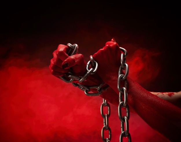 Zakrwawione ręce zaciśnięte w pięści w kajdanach metalowego łańcucha symbol protestu niewolnictwa i wolności