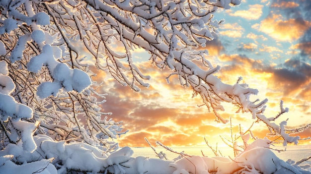 Zakryta śniegiem gałąź drzewa o zachodzie słońca