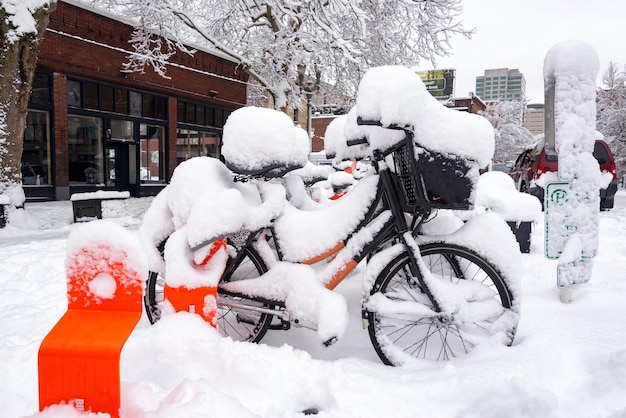 Zdjęcie zakryte śniegiem rowery na chodniku