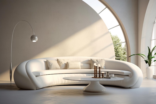 zakrzywiona biała kanapa Minimalistyczny projekt nowoczesnego salonu generowany przez sztuczną inteligencję