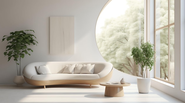 Zakrzywiona kanapa z oknem w nowoczesnym minimalistycznym salonie