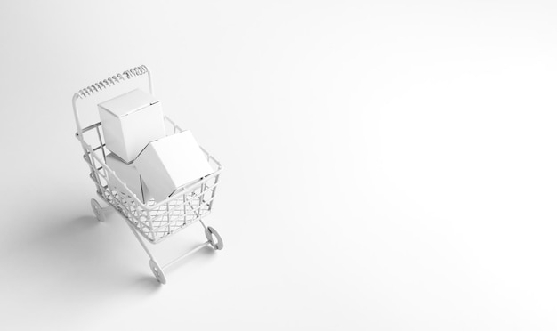 Zakupy online biznes e-commerce dostawa koncepcje siły nabywczej Białe paczki w supermarkecie wózek na zakupy wózek na białym tle z minimalną przestrzenią kopiowania