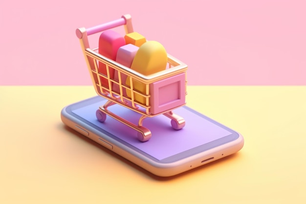 Zakupy online koncepcja izometryczna Koszyk zakupowy i mobilny Mały render 3D Generatywna sztuczna inteligencja