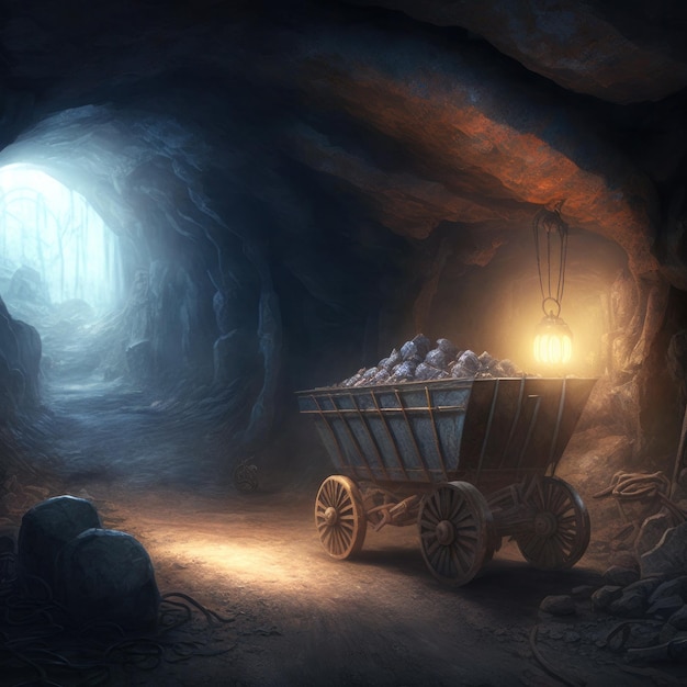 Załadowany wózek kopalniany wewnątrz podziemnego szybu kopalni wnętrza kopalni G
