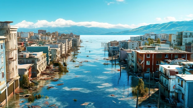 Zalane nadmorskie europejskie miasto w wyniku powodzi spowodowanych podnoszeniem się poziomu mórz w wyniku topnienia lodowców i pokryw lodowych Konsekwencje zmian klimatycznych i globalnego ocieplenia