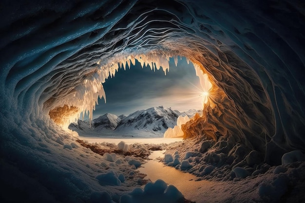Zamarznięta jaskinia oświetlona pojedynczym promieniem słońca wpadającym przez otwór w suficie