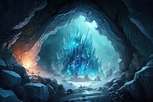 Zamarznięta jaskinia ze świecącym niebieskim kryształem pośrodku otoczona lodowymi rzeźbami stworzonymi za pomocą