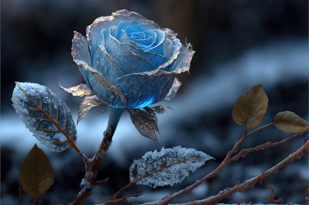Zamarznięta magiczna niebieska róża w romantycznym tle śniegu