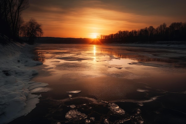 Zamarznięta rzeka o świcie z pomarańczowym wschodem słońca rzucającym ciepłe światło na lód