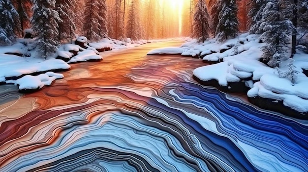 Zamarznięta rzeka w zimie ze śniegiem na ziemi