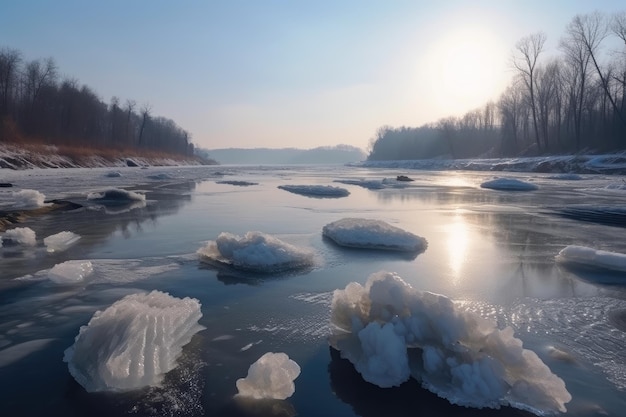 Zamarznięta rzeka z łamanym lodem i przepływem wody w zimowym krajobrazie