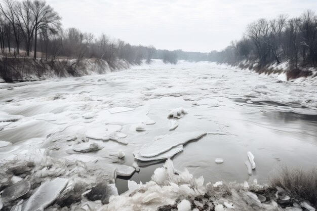Zamarznięta rzeka z pędzącym i łamającym się lodem podczas zimowej burzy